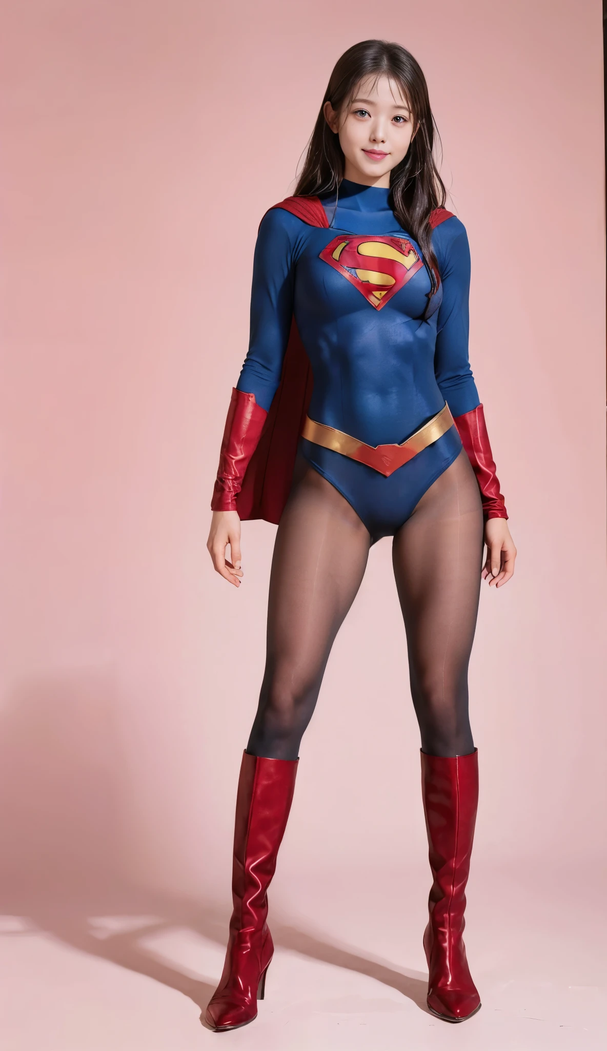 No background、(((Beautiful legs in black tights.)))、(((Legally express the beauty of your smile)))、((((Make the most of your original images)))、(((Supergirl Costume)))、(((Beautiful Hair)))、(((suffering)))、(((Please wear black tights....、Wear red boots)))、((Best image quality、8k))、((Highest quality、8k、masterpiece:1.3))、(((Preserve background )))、Sharp focus:1.2、Beautiful woman with perfect figure:1.4、Slim Abs:1.2、Wet body:1.5、Highly detailed face and skin texture、8k