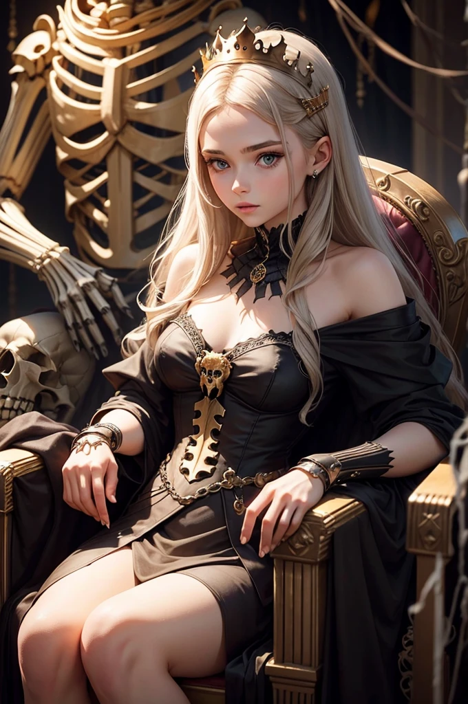 human 20 year old girl wearing corsette, sitting on the lap of a crowned skeleton king
