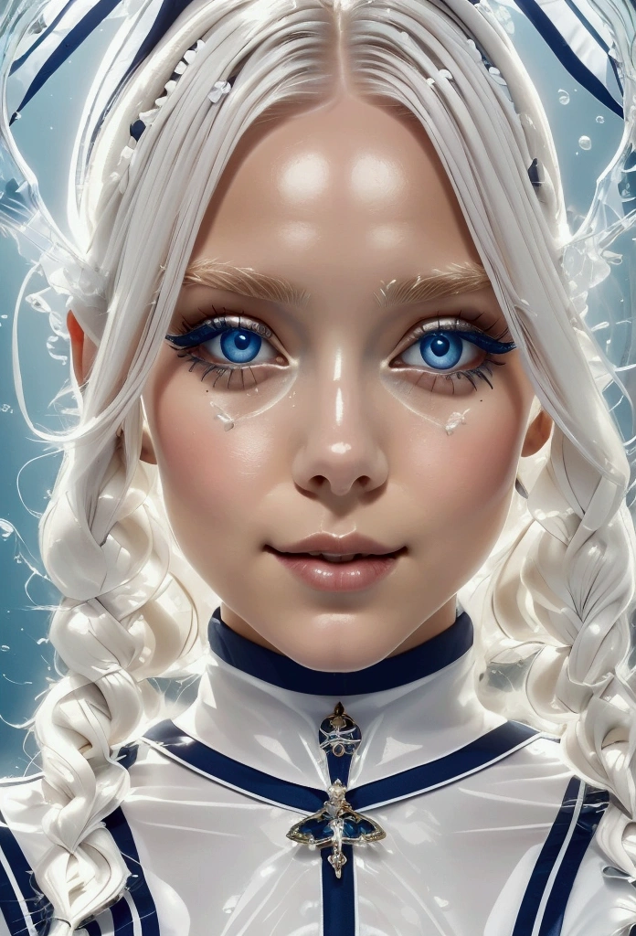 (transparent:1.3),white seraph,sailor dress, White theme,, sailor suit, looking at the viewer,  craziness, across the disordered wide, beautiful detailed eyes,hair shines,dramatic angle,Blue sailor collar, perky breasts,light smile,takes partially underwater...