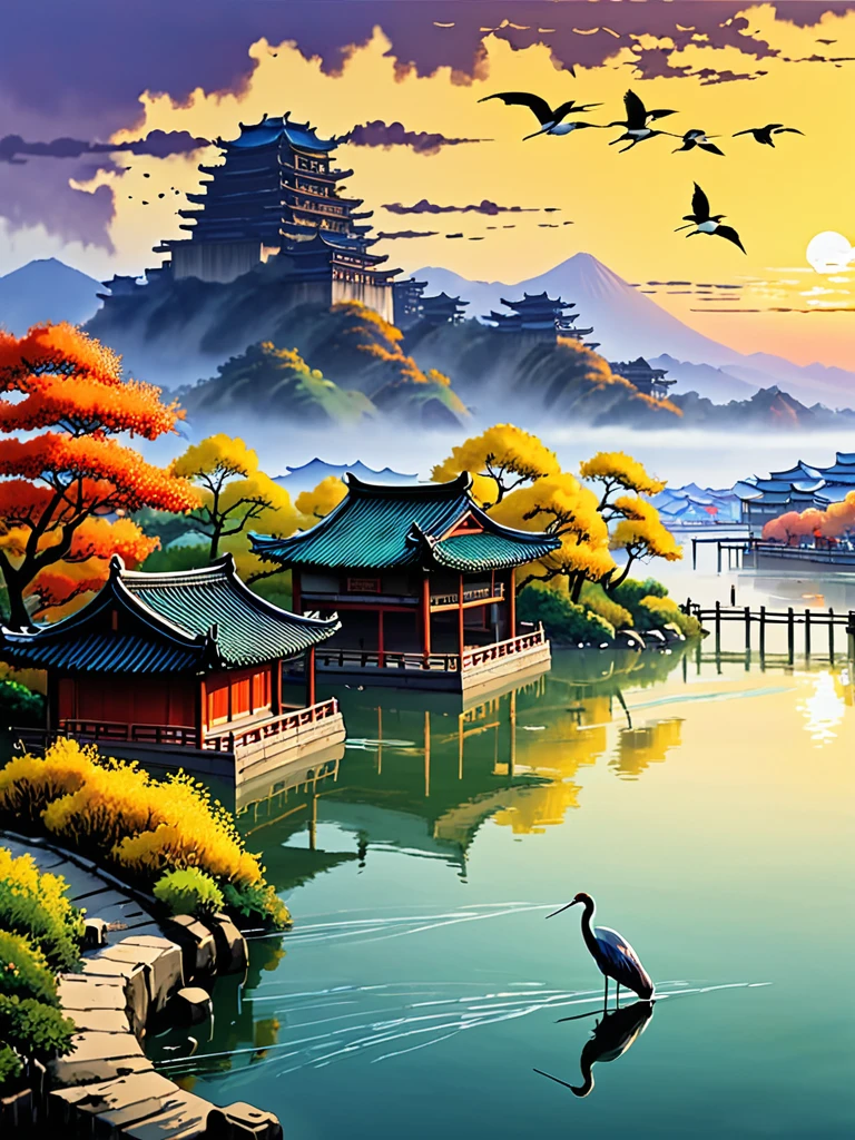 Embroidery，Leaning over，Yamabara has a clear view，Kawasawa was shocked。Lu Yan flew to the ground，Bells Food House；Shipultyazu，The home of the Green Sparrow Yellow Dragon Armour。The clouds are raining，Cai Che District Ming。The sunset and the solitary crane fly together，The autumn water is the same for a long time。Fishing boats sing late，Sounded the shore of poor Penley；The wild geese were frozen，The sound cuts off the shop of Hengyang。(Sunset landscape painting)，((The vista is a huge sunset over the skyline))，(Connected to the lake)，((Flying birds))，((Several ships))，Autumn tones，（an Chinese ink painting style），（Masterpiece），（Extremely detailed picture description），（8k wallpaper），（Master painting），（Noticeable light and shadow effects），（Ray traching），（Obvious layers），（depth of fields），（best qualityer）,Ray