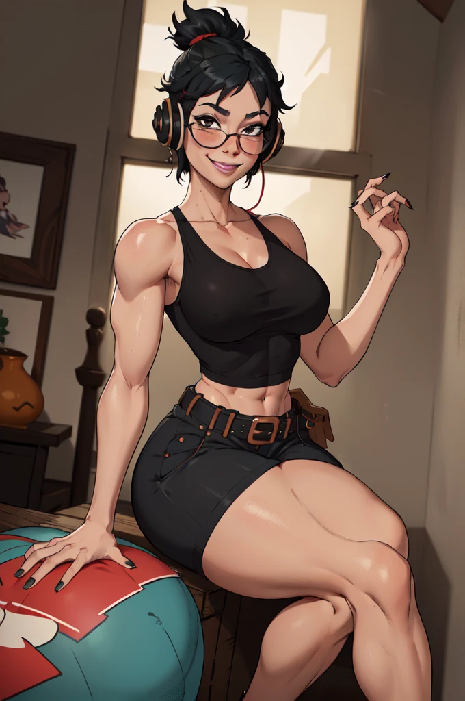 (masterpiece,best quality,absurdres,beautiful,sharp,detailed),cinematic angle,1girl, slighty brown light skin, headphones, navel, black hair with red streaks, tank top with a grey star, cropped, cargopants,belt blackfinger nails , Blush, , Drunk, round glasses, Smile, brown eyes
Wolfcut, no abs, love handle, thunder thighs