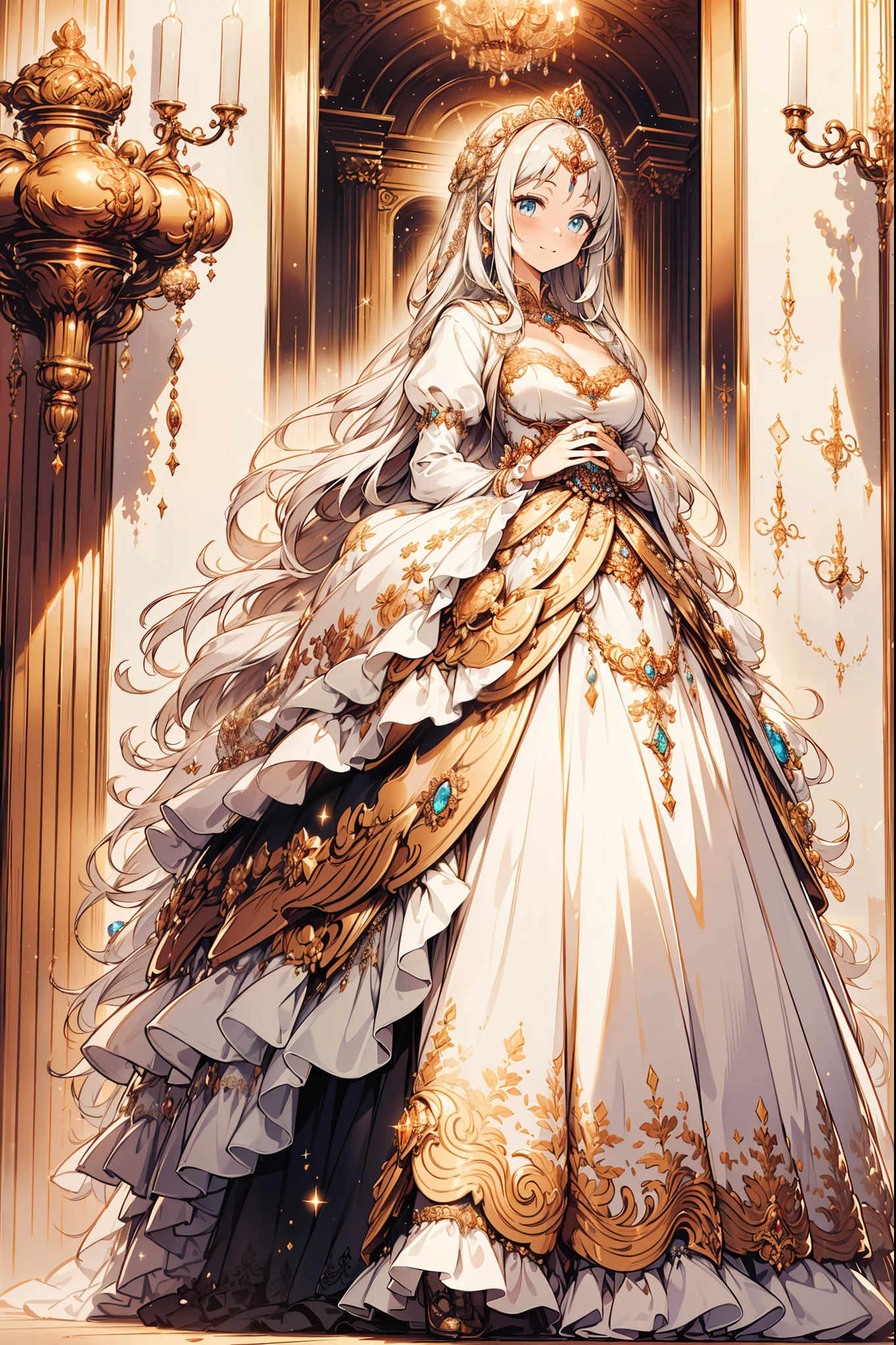 ((Anime art style)),(masterpiece),(best quality), (Super Detail),((Very delicate and beautiful)),1 girl,((Full body portrait)),Stand at the Palace of Versailles,((Solitary)),The art of math,(((1 princess in a gorgeous Rococo princess ball gown,Wear yours with a voluminous Full-length skirt))),petticoat,((Beautiful embroidery and jewellery)),Plump frills,transparent,(Gorgeous embroidery and beautiful lace),((Lots of straight hair,The hair is very voluminous,Very long straight hair)),((Exquisite face and eyes)),Extremely gorgeous hair accessories,(Bling jeweled crown),(Gorgeous gemstone jewelry,Shining gold),Long veil,(Beautiful background),Full Body Love,((Gorgeous Rococo princess ball dress,Wide, Full-length skirt))