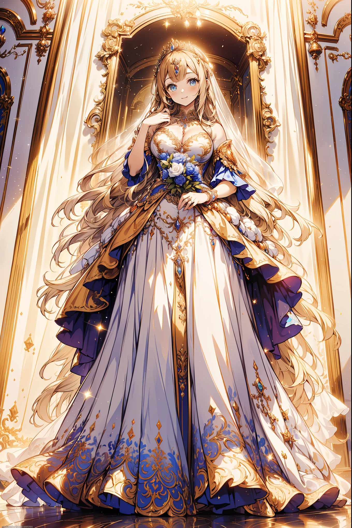 ((Anime art style)),(masterpiece),(best quality), (Super Detail),((Very delicate and beautiful)),1 girl,((Full body portrait)),Stand at the Palace of Versailles,((Solitary)),The art of math,(((1 princess in a gorgeous Rococo princess ball gown，Wear yours with a voluminous Full-length skirt))),petticoat,((Beautiful embroidery and jewellery)),Plump frills,transparent,(Gorgeous embroidery and beautiful lace),((Lots of straight hair,The hair is very voluminous,Very long straight hair)),((Exquisite face and eyes)),Extremely gorgeous hair accessories,(Bling jeweled crown),(Gorgeous gemstone jewelry，Shining gold),Long veil,(Beautiful background),Full Body Love,((Gorgeous Rococo princess ball dress，Wide, Full-length skirt))