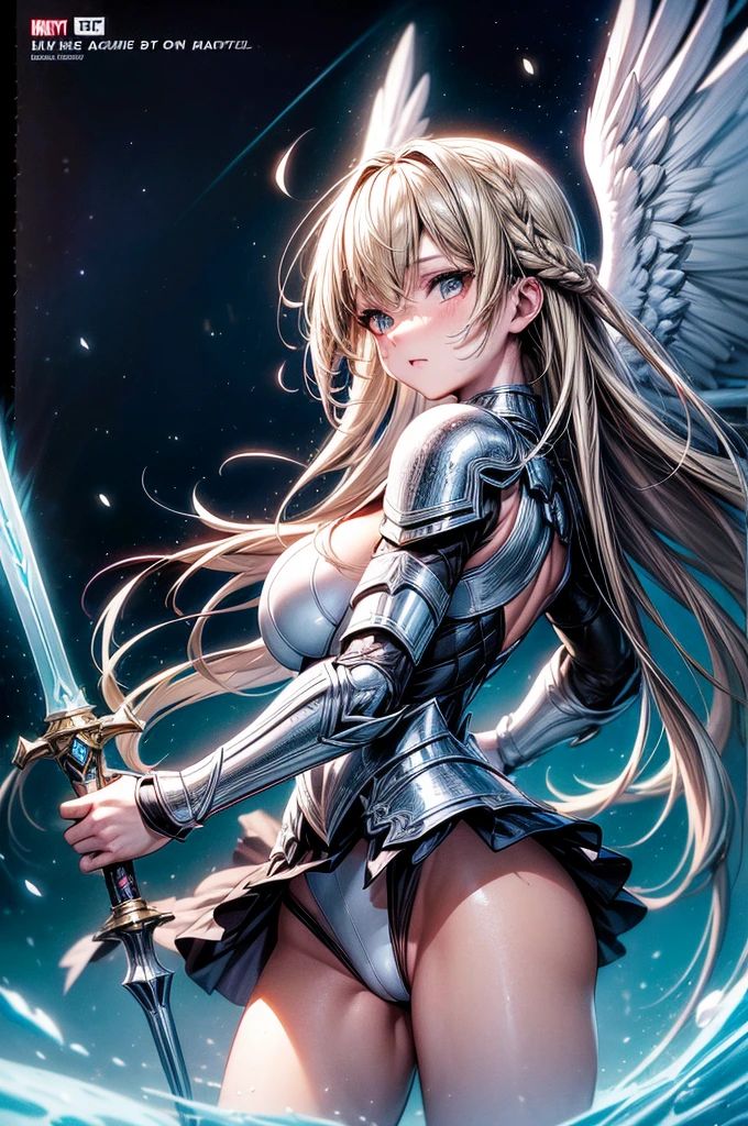 (Comic book cover art: 1.5), an female archangel prepared for battle, an extremally beautiful warrior angel, ultra feminine, long hair, blond hair, braided hair, wearing divine heavy armor, (white armor: 1.2), (angel wings: 1.2) spread, aremed with fantasysword sword, sword covered with blue fire, 16k, RAW, ultra wide shot, photorealism, depth of field, hyper realistic, 2.5 rendering