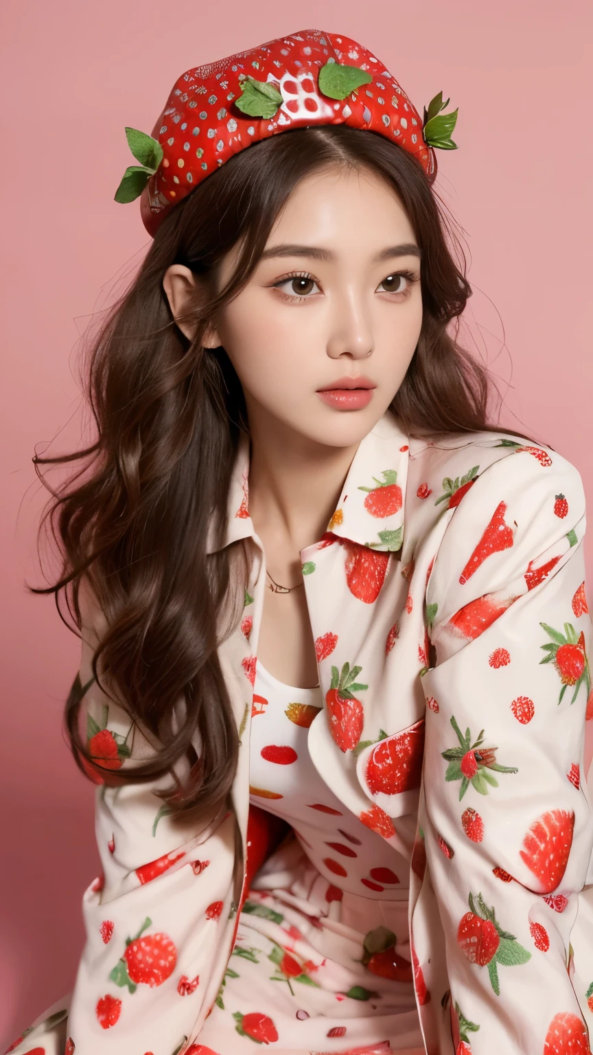 (Real, Highest quality, High resolution :1.3), One girl with a perfect body, Very beautiful face and eyes, Korean Beauty, Long hair with a perm, (Wearing a strawberry hat:1.2), Strawberry print jacket, Long skirt, Strike a Pose