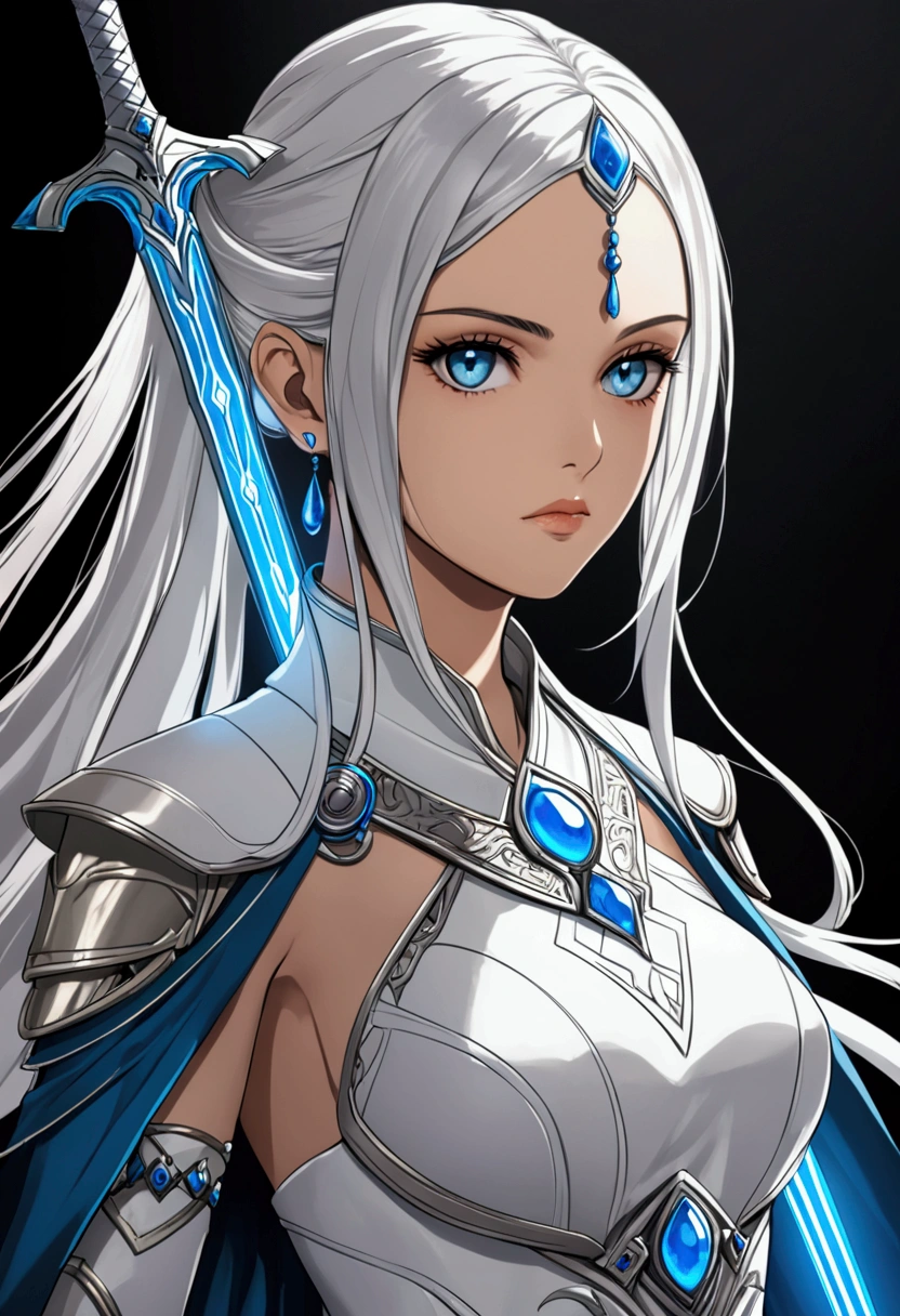 Design an elegant and composed warrior from a futuristic fantasy world. She has long silver hair tied with delicate blue ribbons, and her attire blends traditional Eastern elements with advanced technology. Her outfit includes intricate armor pieces, a flowing robe, and thigh-high white boots. She wields a sleek, high-tech sword that rests by her side. Despite her gentle appearance, she exudes an air of strength and confidence. Her piercing eyes hint at wisdom and determination, suggesting a complex backstory filled with challenges and triumphs.