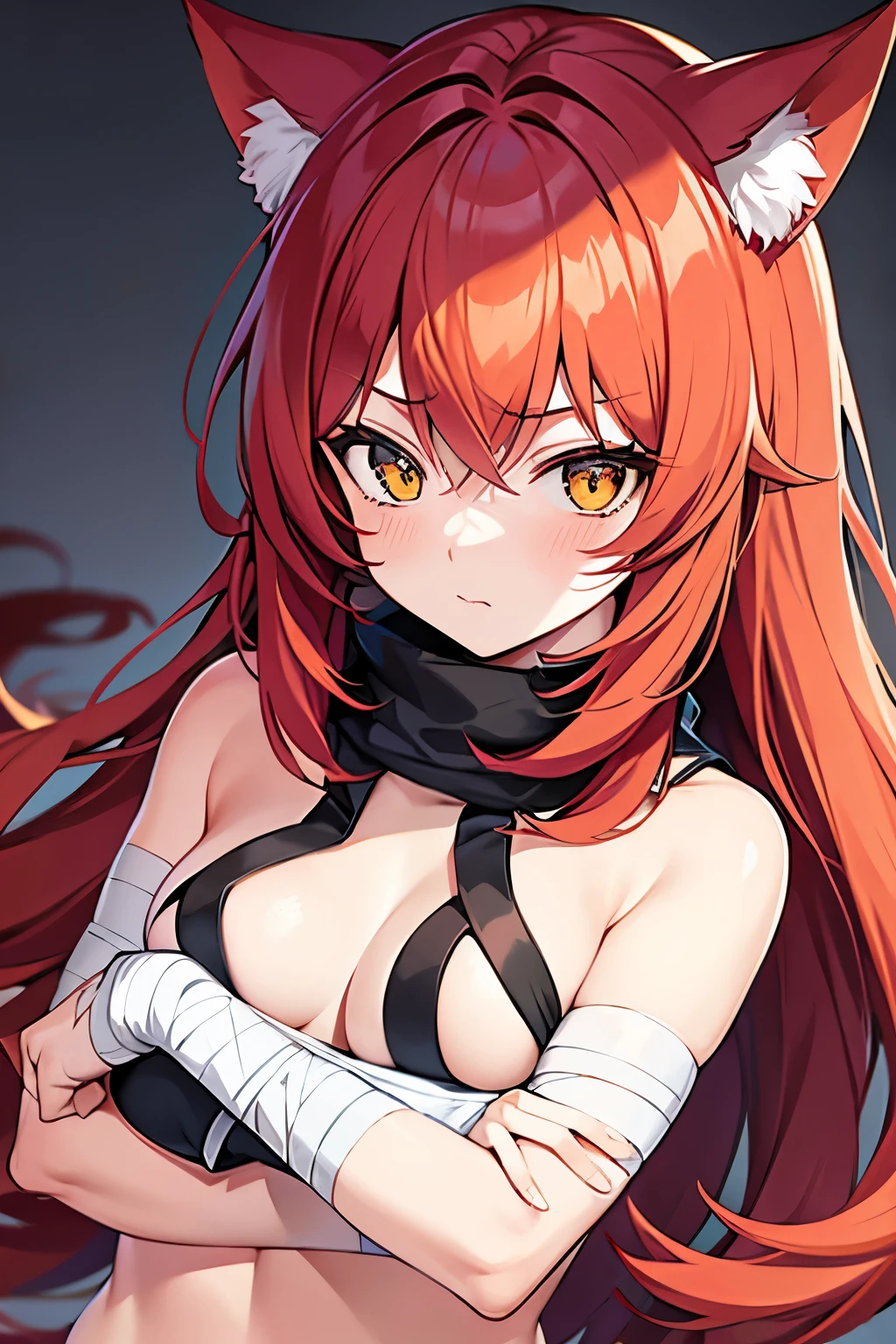 anime cat girl, with red hair with a face of annoyance. Full of bandages all over the body.