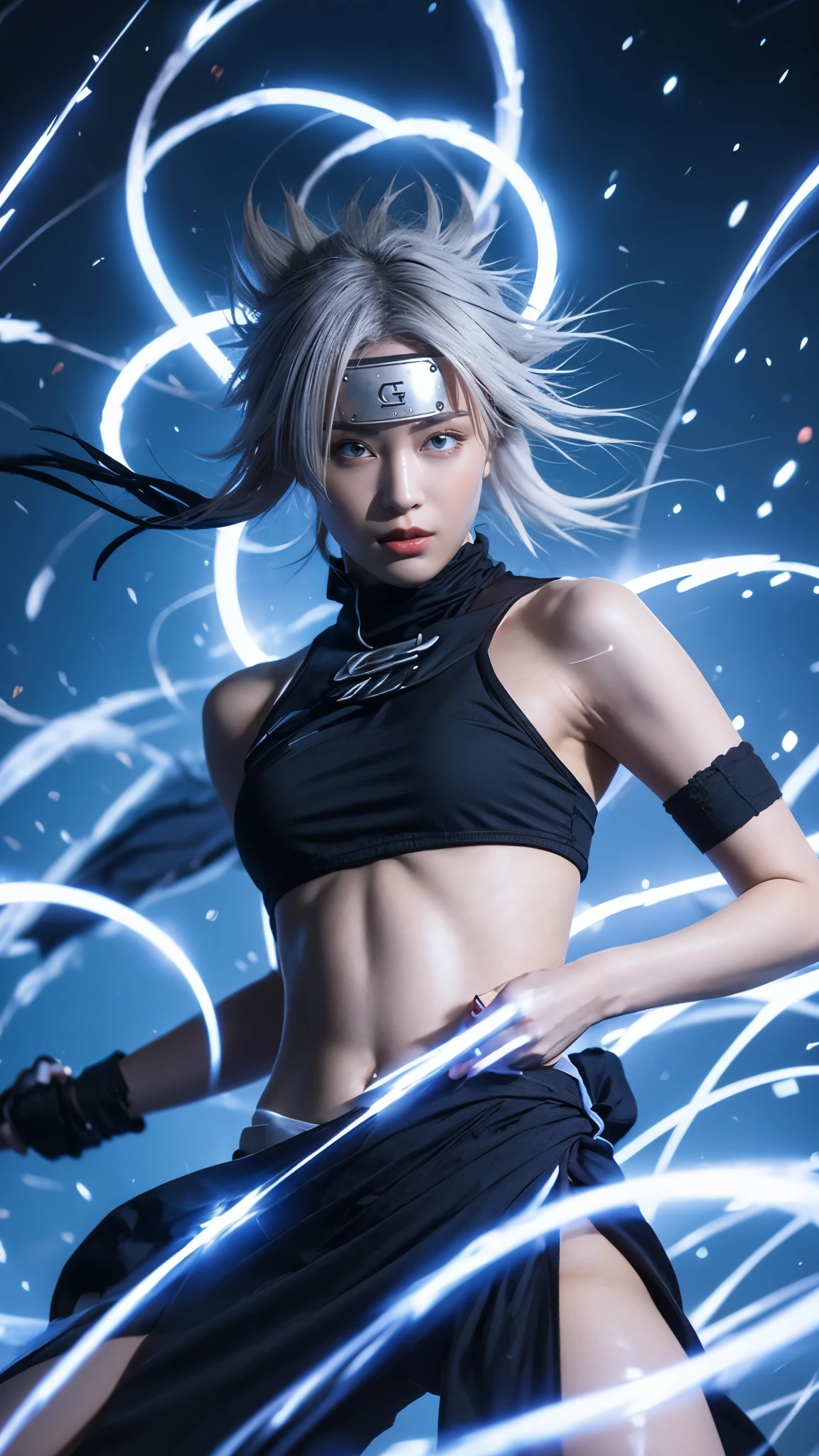 Moisturized skin, (red eyes), realistic body, (adult female body), energetic, (), (girl),
BREAK,
bright red lipstick, (beautiful navel), (silver hair), beautiful hair, (Kakashi Hatake's clothes: 1.3),
BREAK,
((masterpiece + highest quality + high resolution + highly detailed)), (full body: 1.2), symmetrical, one shot,
BREAK,
(electric shock), (wind blows), (blue electricity), (battle stance: 1.4),
BREAK,
(large Japanese sword), ninja, inside a mansion, assassination, cut, kunai, fantastical, dynamic,