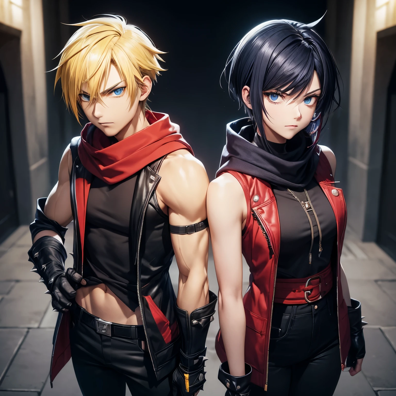 ((Couple)), ((26 years old, male,Yellow hair, Blue eyes), Spiky hair, red scarf, red hoodie vest, sleeveless, black pants, black gloves, slim, up to legs, intimidating aura))

((26 Years Old), female, Indigo Hair, Hime Cut, Bang)),, Black scarf, white hoodie vest, sleeveless, black pants, black gloves, slim, up to legs, intimidating aura))