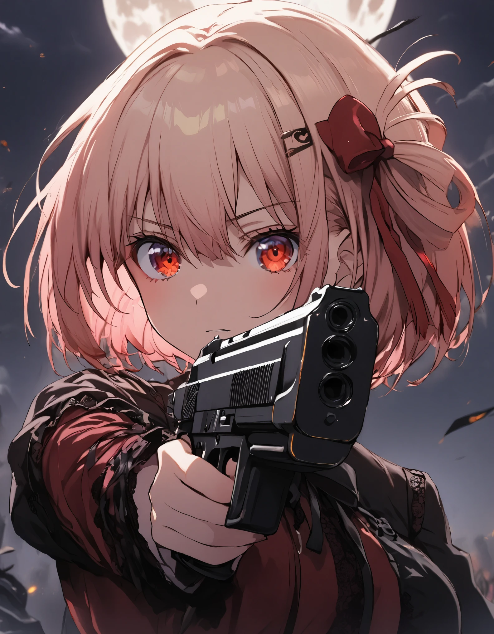 1girl, Chisato Nishikigi, kawaii girl, gothic ****ta fashion with delicate lace, Red clothes, beautiful hair ornament, hair between eyes, serious face, upper body, (((hold a gun))), shoot a gun, Night, full Moon
