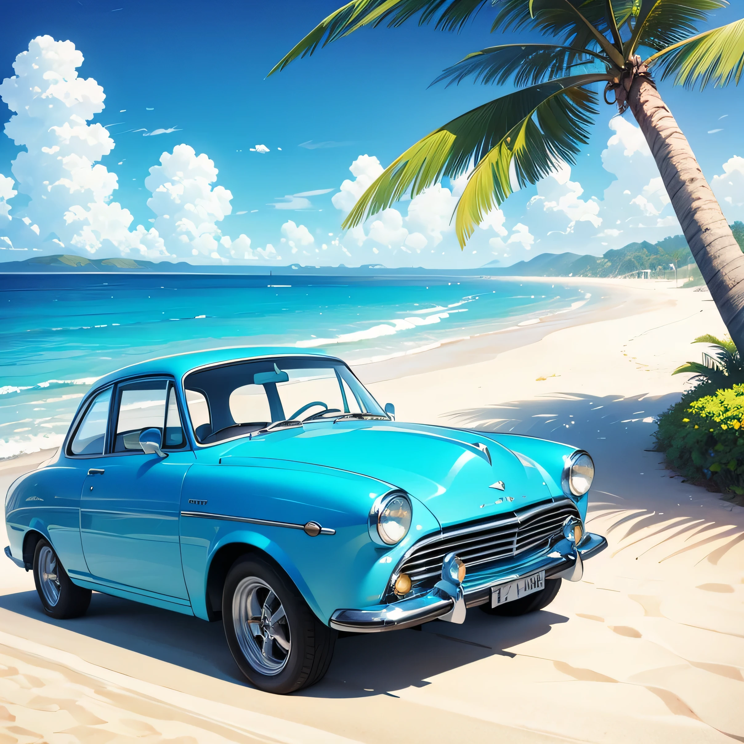 Summer Sea　sunny　blue sea　White sand beach　Yellow vintage car　Palm tree　