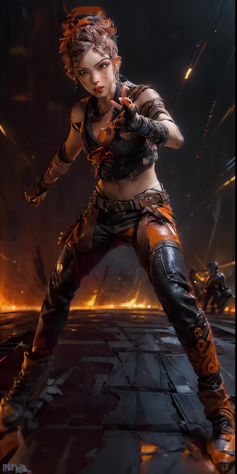 ((whole body, plano general:1.6),punk rebelled, young punk,Spiked clothing, ((by mohawk:1.5)), ((action pose:1.5)), revolutionary, punk clothing top leather pants, masterpiece, High Definition, best 4k image, 8k, highly detailed and expressive eyes, ((vivid colors, red, orange, yellow, cian:1.4)), High Definition