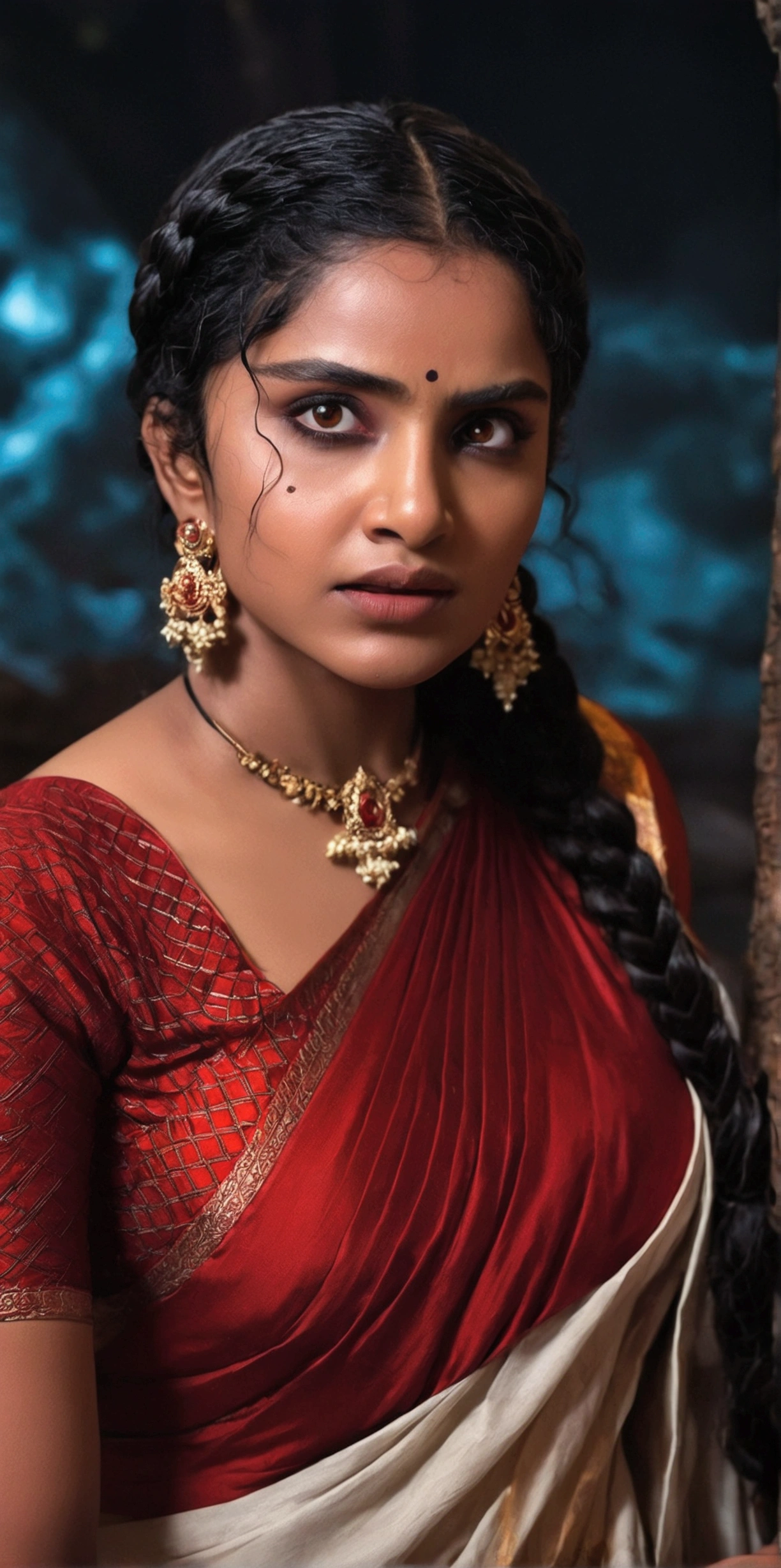 A beautiful Indian woman with thick braided long black hair, (pale white skin tone), wearing a red and saree, dynamic action , angry face,black hairs, standing in a mystical background, highly detailed, hyper realistic, 8K, dramatic lighting, cinematic, fantasy, magic, witch, Wanda Maximoff, cosplay, masterpiece, ultra-detailed, photorealistic, vivid colors, HDR, professional, cinematic lighting, dramatic pose, intricate costume details, flowing fabric, intense expression, magical energy, red energy aura, dark moody atmosphere, dramatic shadows, powerful, mesmerizing, captivating, ahsaas, 1girl, thunder storm from eyes, anupama , busty, cleavage 