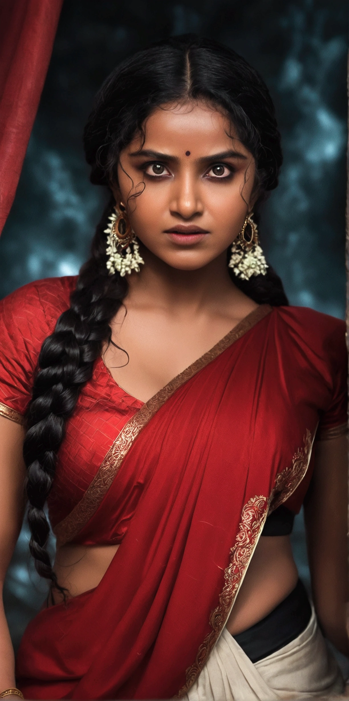 A beautiful Indian woman with thick braided long black hair, (pale white skin tone), wearing a red and saree, dynamic action , angry face,black hairs, standing in a mystical background, highly detailed, hyper realistic, 8K, dramatic lighting, cinematic, fantasy, magic, witch, Wanda Maximoff, cosplay, masterpiece, ultra-detailed, photorealistic, vivid colors, HDR, professional, cinematic lighting, dramatic pose, intricate costume details, flowing fabric, intense expression, magical energy, red energy aura, dark moody atmosphere, dramatic shadows, powerful, mesmerizing, captivating, ahsaas, 1girl, thunder storm from eyes, anupama , busty, cleavage 