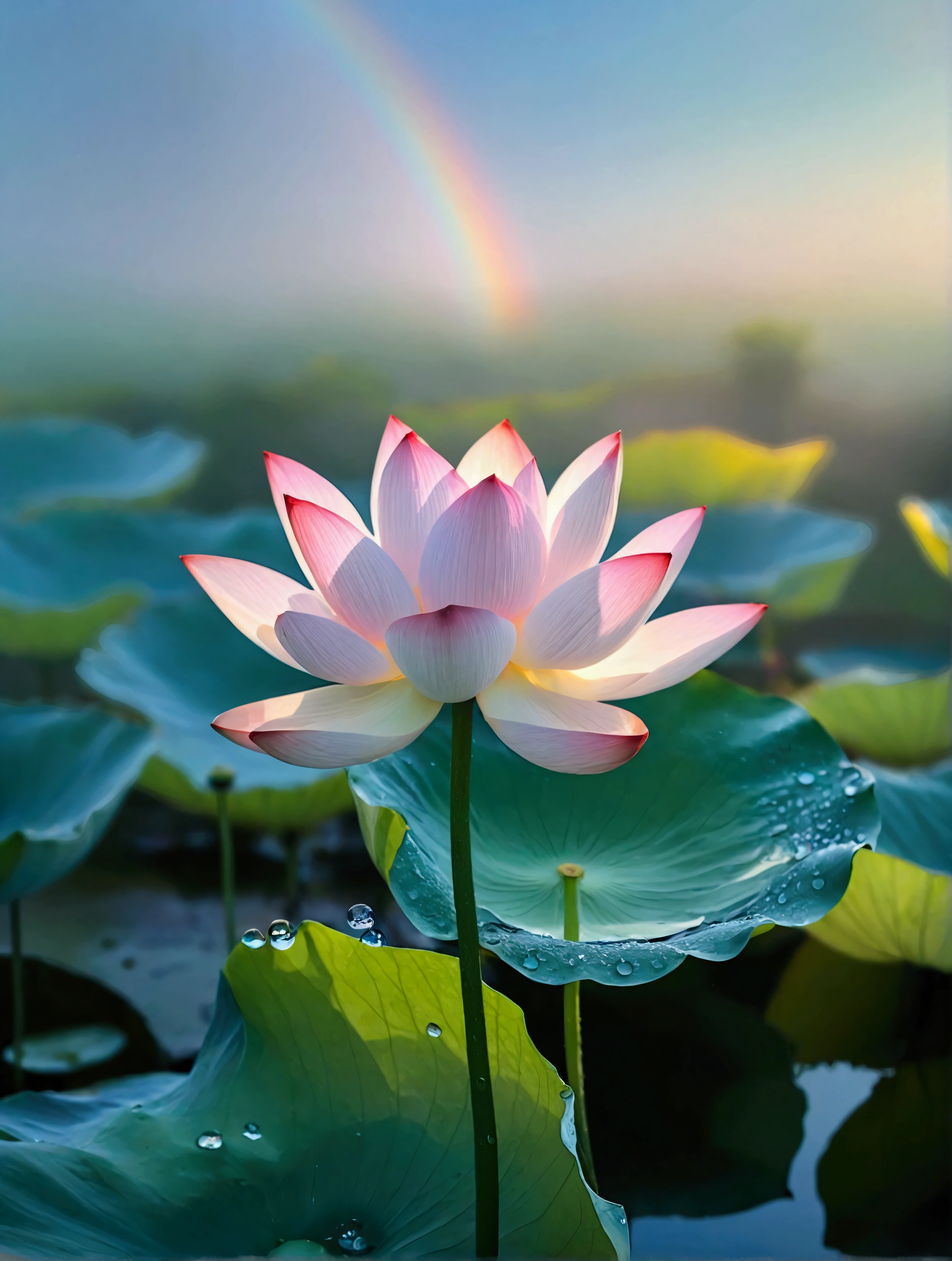 There are a lot of dew and water droplets on the light white lotus，A rainbow appears in the distant background sky，Real photography,Fresh and natural picture，best quality, high resolution, 16K