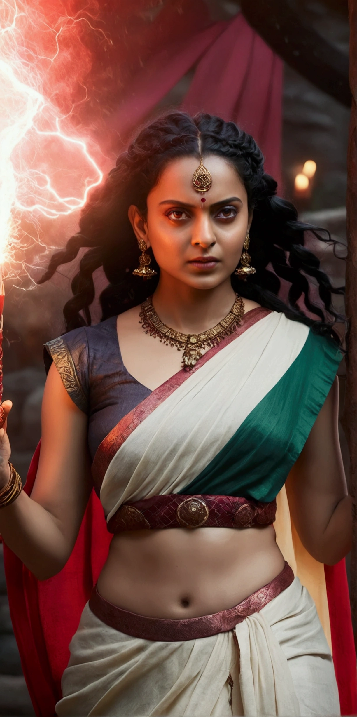 A beautiful Indian woman with thick braided long black hair, (pale white skin tone), wearing a red and saree, dynamic action , angry face,black hairs, standing in a mystical background, highly detailed, hyper realistic, 8K, dramatic lighting, cinematic, fantasy, magic, witch, Wanda Maximoff, cosplay, masterpiece, ultra-detailed, photorealistic, vivid colors, HDR, professional, cinematic lighting, dramatic pose, intricate costume details, flowing fabric, intense expression, magical energy, red energy aura, dark moody atmosphere, dramatic shadows, powerful, mesmerizing, captivating, ahsaas, 1girl, thunder storm from eyes, anupama , busty, cleavage , Kangana 