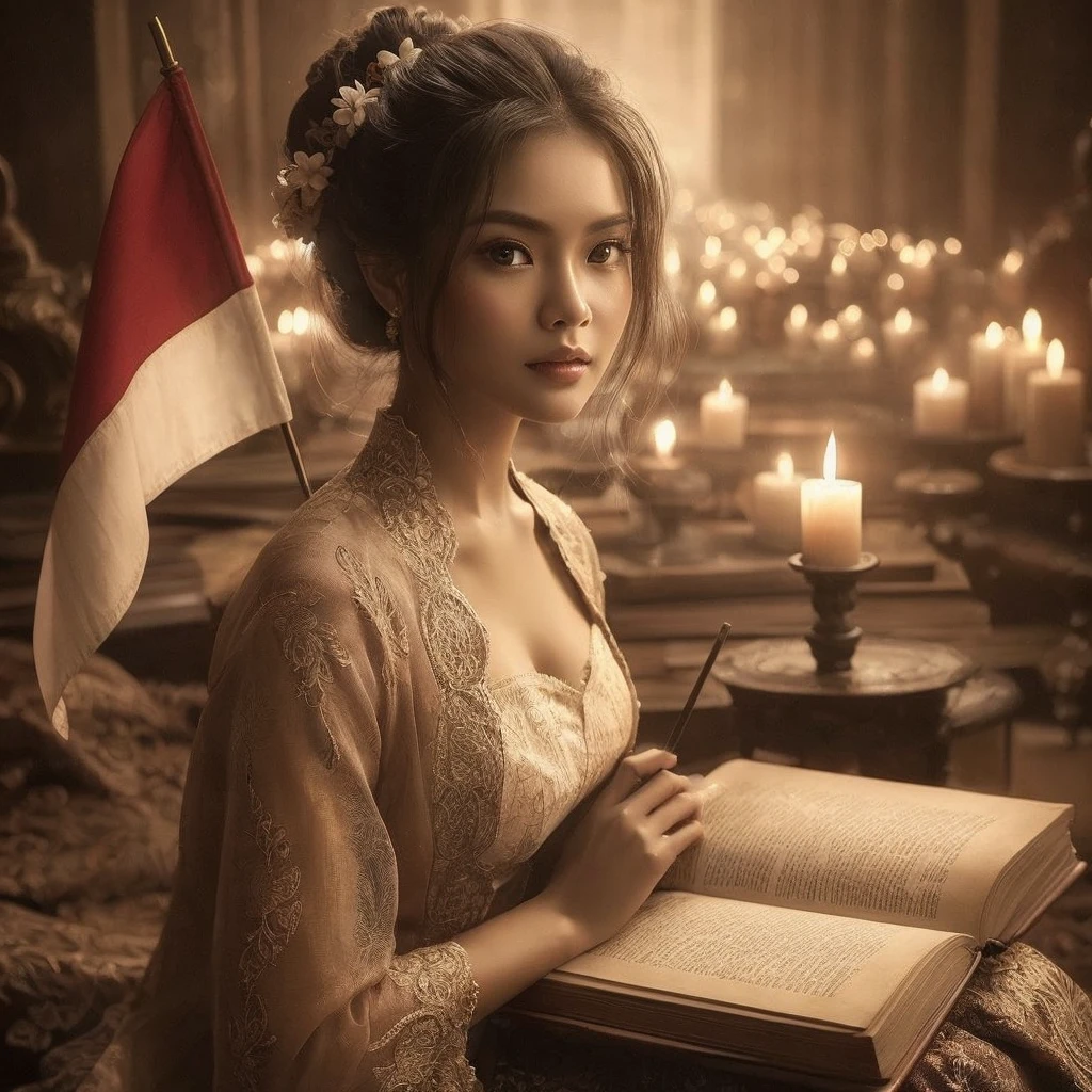 Create a sepia image featuring a beautiful Indonesian woman with a round face, realistic skin wearing a kebaya, her hair in a bun sitting in front of an open book. The woman is holding a red and white flag stretched over her shoulder, and there is a burning candle that provides light. The background appears to be indoors with dim lighting, creating an intimate atmosphere.