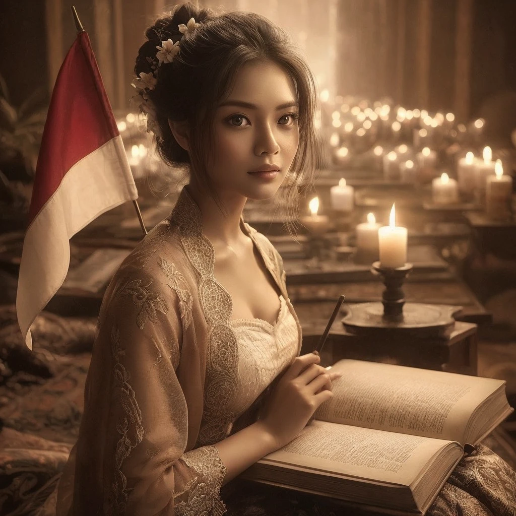 Create a sepia image featuring a beautiful Indonesian woman with a round face, realistic skin wearing a kebaya, her hair in a bun sitting in front of an open book. The woman is holding a red and white flag stretched over her shoulder, and there is a burning candle that provides light. The background appears to be indoors with dim lighting, creating an intimate atmosphere.