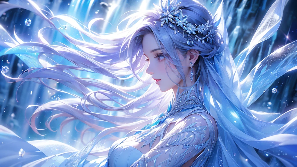 (long shot photo:1.5)wood, Exquisite mini ice spikes and crystals, Frozen waterfall in the background, Light reflected by ice crystals, Flowing snowflakes.1 girl, Beautiful woman、pretty girl,A realistic person,Beautiful cleavage,small breasts

