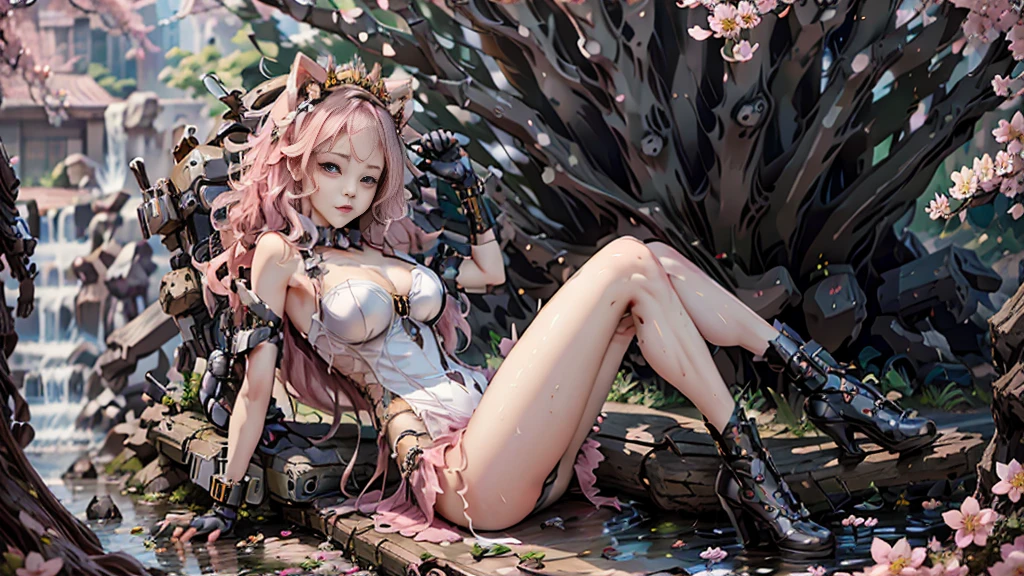 a small kitten with light pink fur and a furry tail wearing a tiara of golden flowers amidst cherry blossoms, lookig at camera, with a sexy look, wet lips
