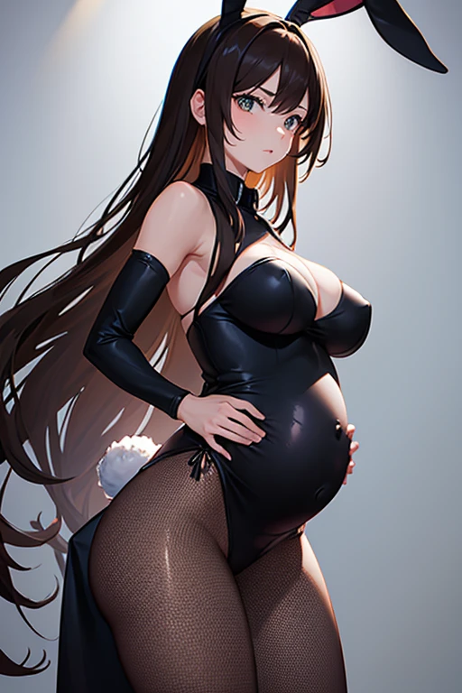 8k, masterpiece, very realistic, Full body Sexy pregnant bunny woman, bunny ears, very slim waist, very tall, form fitting black bodysuit, fishnet stockings brown hair, dynamic pose, medium breasts, pregnant, curved back, mature, from the back
