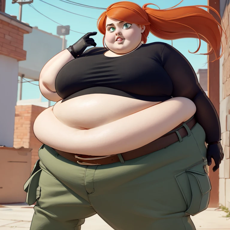 1fat girl, body plus, ssbbw (cartoon:1.3), detailed eyes, looking at the viewer Orange-red hair, green eyes, confident expression, black crop top, black gloves, brown belt, green cargo pants, pale skin, thin eyebrows