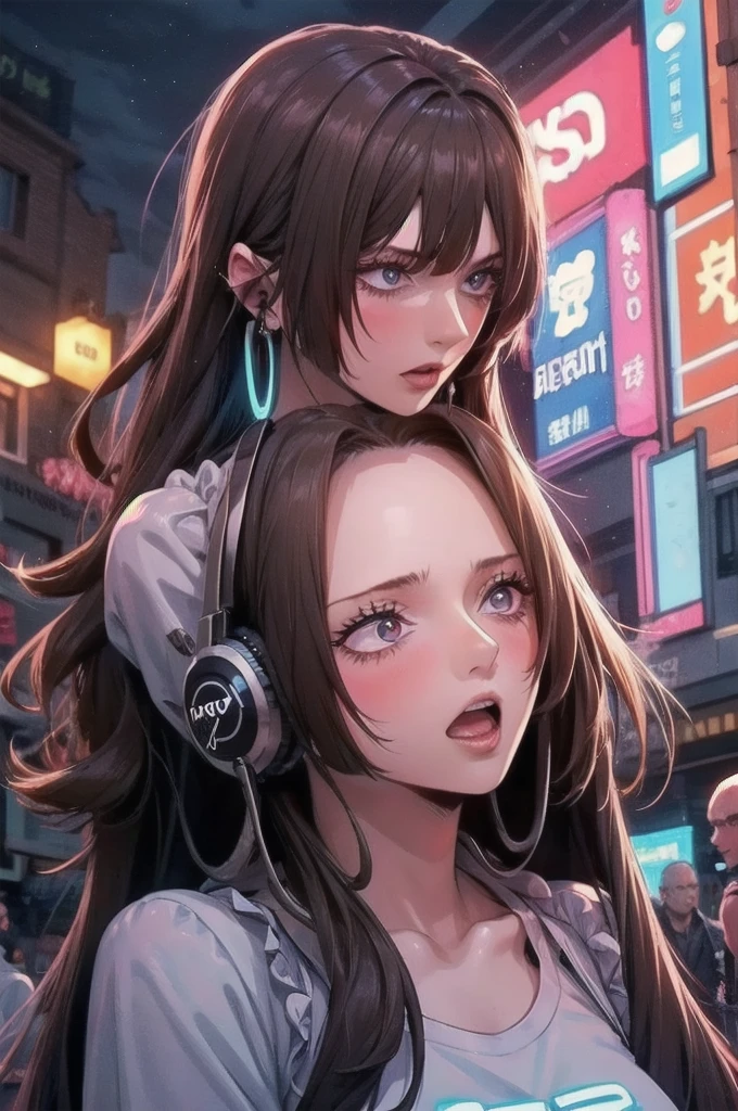 Brown hair . beautiful woman with curly hair and sunglasses wearing full size headphones - ear piece or surround dark room neon cyberpunk at night coordinator neon glow
