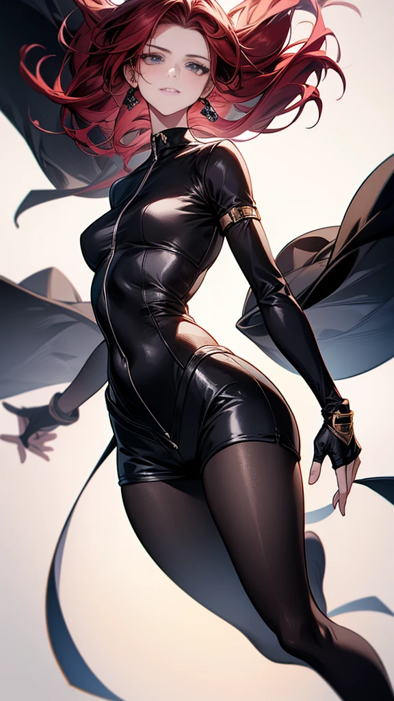 Tatsumaki, (black flats), cute and sexy, large breasts, large butt, full body, long legs, smiling