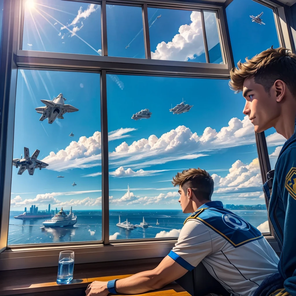 A young man staring out of a window as 4 spaceships fly by in the distance through a bright sunny sky filled with white puffy clouds. The ships leave a trail of streaks in the sky as they zoom pass the ((very large window))