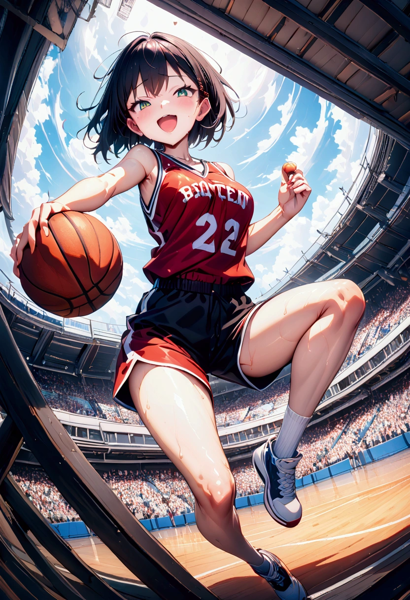 short hair,black hair,breen eyes,slanted eyes,open mouth,{normal breasts},{ai-generate}:6, {anime coloring}:4,year 2024,1girl,solo,midday,{in basketball court (outdoor)}:1,skinny body,narrow waist,{small hip}:8,{thin tighs}:2,thin legs,{basketball uniform},half pants,basketball shoes,hold a basketball in hands,jumping,{raising a basketball in hand},sweat,seriously,full body,{dynamic angle}, masterpiece, best quality, ultra detailed, high resolution, absurdres, perfect anotomy, detailed background, unity 8k wallpaper,nsfw