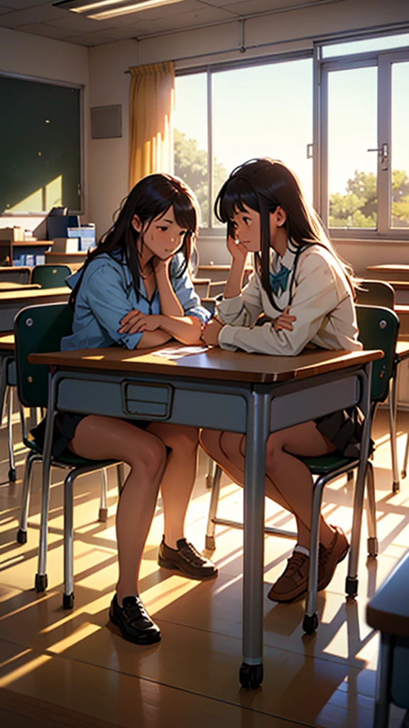 A couple studying in a school classroom,morning light,sunny day,warm lighting,detailed classroom interior,desks