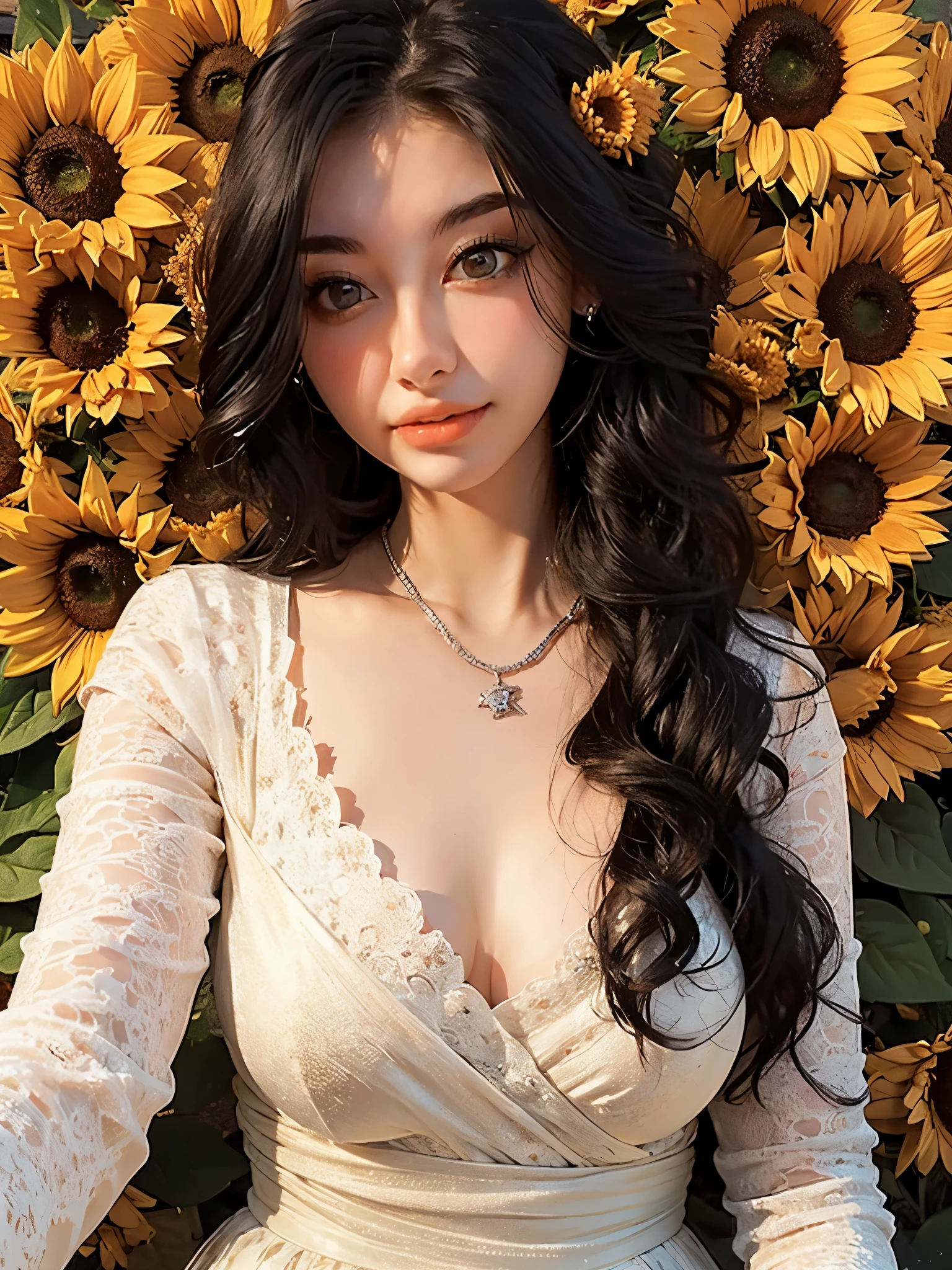 ( Absurdly , High quality , ultra detailed ) ,( hand detailed ) , 1girl, solo, mature, very long hair, sunflower hair , beautiful crystal eyes ( eye detailed ) Baroque, Necklace, long dress, long sleeve, elegant, colorful, highest detailed, upper body , with the river and sunflowers