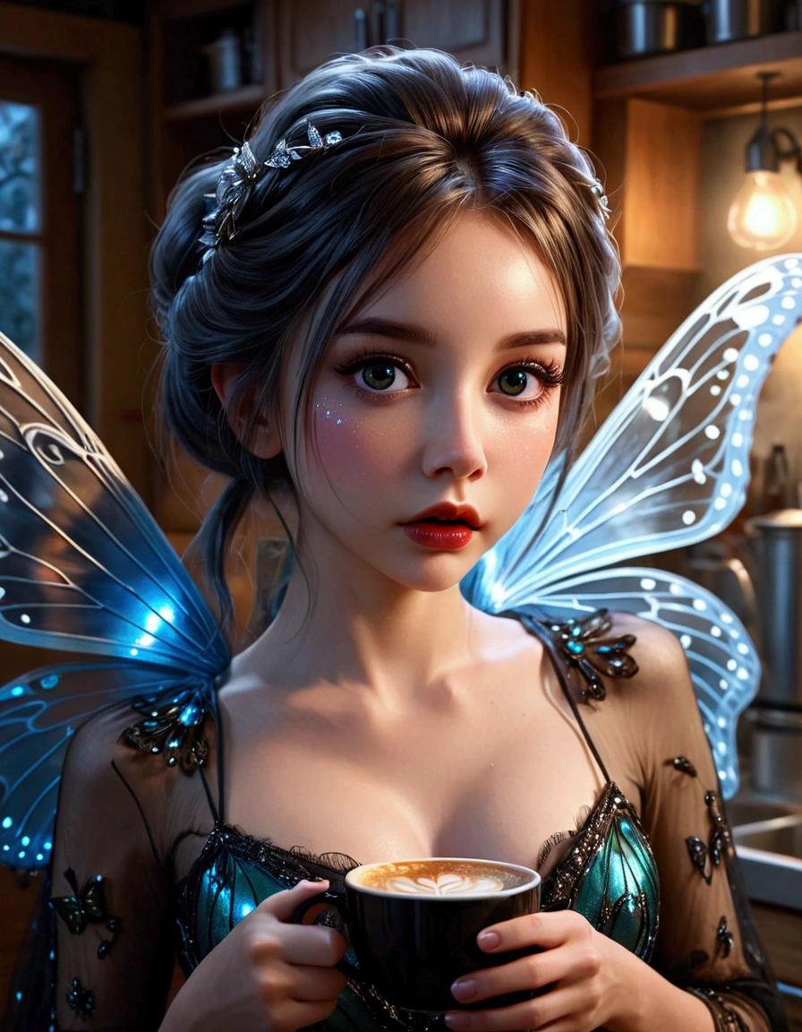 a cute fairy, crystalline butterfly wings, prismatic hair, large eyes, spider silk gown, in the kitchen, taking a sip of coffee from a steaming hot cup, mischief, detailed eyes, detailed lips, extremely detailed face, long eyelashes, photo-realistic, 8k, hyperrealistic, chiaroscuro lighting, vibrant colors, cinematic lighting, mystical, ethereal, fantasy
