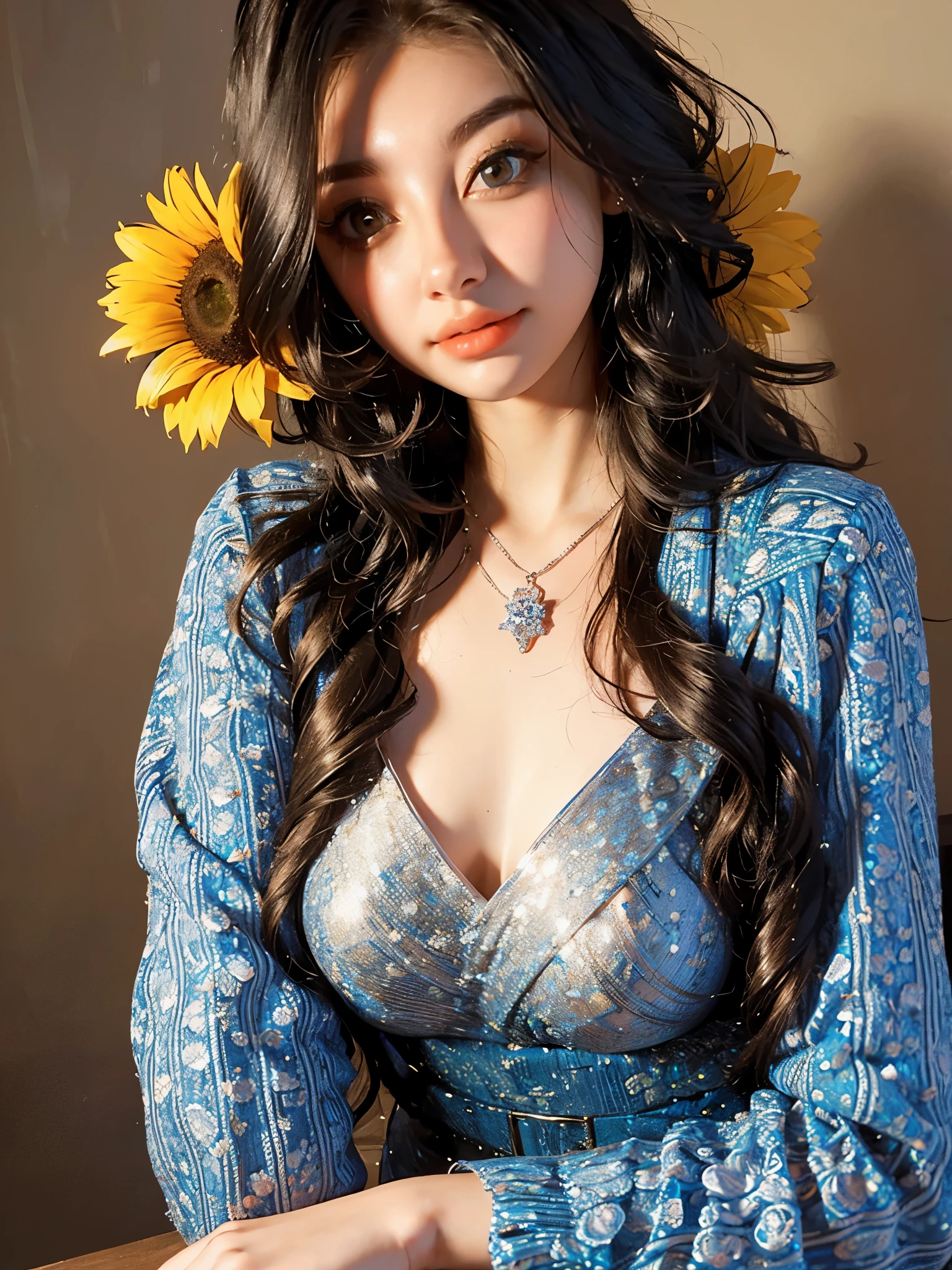 ( Absurdly , High quality , ultra detailed ) ,( hand detailed ) , 1girl, solo, mature, very long hair, sunflower hair , beautiful crystal eyes ( eye detailed ) Baroque, Necklace, long dress, long sleeve, elegant, colorful, highest detailed, upper body , with the river and sunflowers