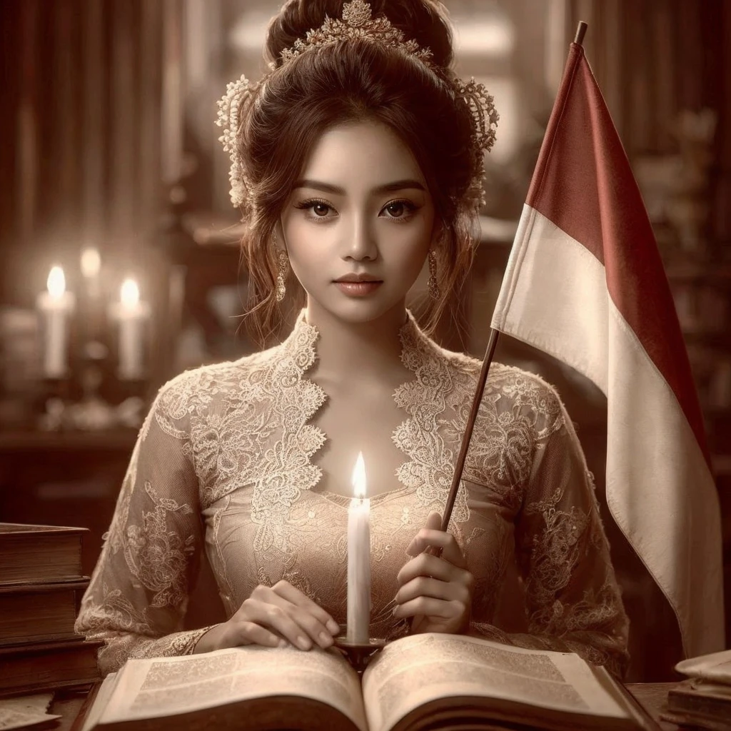 Create a sepia image featuring a beautiful Indonesian woman with a round face, realistic skin wearing a kebaya, her hair in a bun sitting in front of an open book. The woman is holding a red and white flag stretched over her shoulder, and there is a burning candle that provides light. The background appears to be indoors with dim lighting, creating an intimate atmosphere.