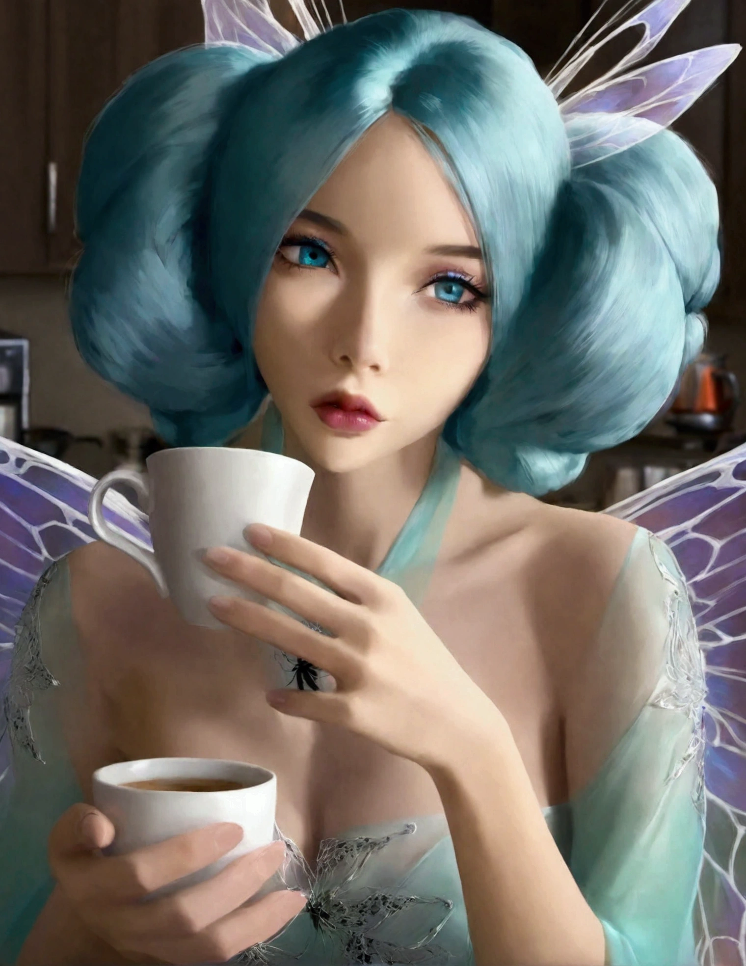 a cute fairy, crystalline butterfly wings, prismatic hair, large eyes, spider silk gown, in the kitchen, taking a sip of coffee from a steaming hot cup, mischief, detailed eyes, detailed lips, extremely detailed face, long eyelashes, photo-realistic, 8k, hyperrealistic, chiaroscuro lighting, vibrant colors, cinematic lighting, mystical, ethereal, fantasy
