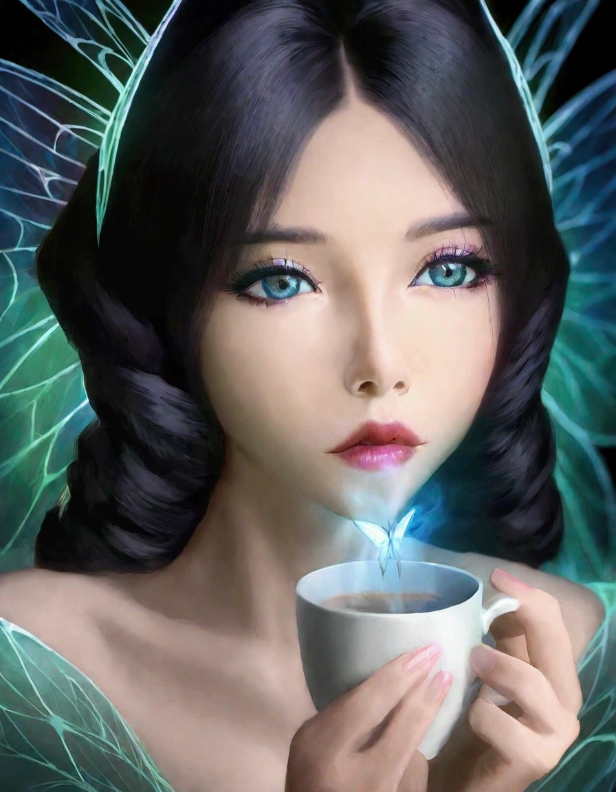 a cute fairy, crystalline butterfly wings, prismatic hair, large eyes, spider silk gown, in the kitchen, taking a sip of coffee from a steaming hot cup, mischief, detailed eyes, detailed lips, extremely detailed face, long eyelashes, photo-realistic, 8k, hyperrealistic, chiaroscuro lighting, vibrant colors, cinematic lighting, mystical, ethereal, fantasy
