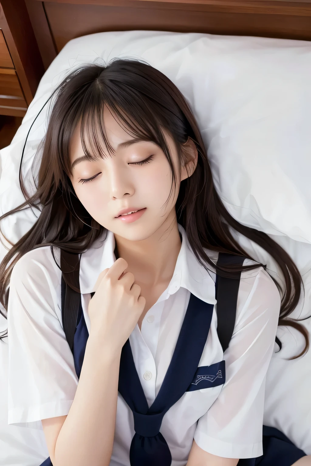 (masterpiece:1.2), Japanese, (18 years old), (a girl), hair bun, slender body, ((school uniform)), collared shirt, (closed eyes), (opened mouth wide), (lying on her back to a bed), 