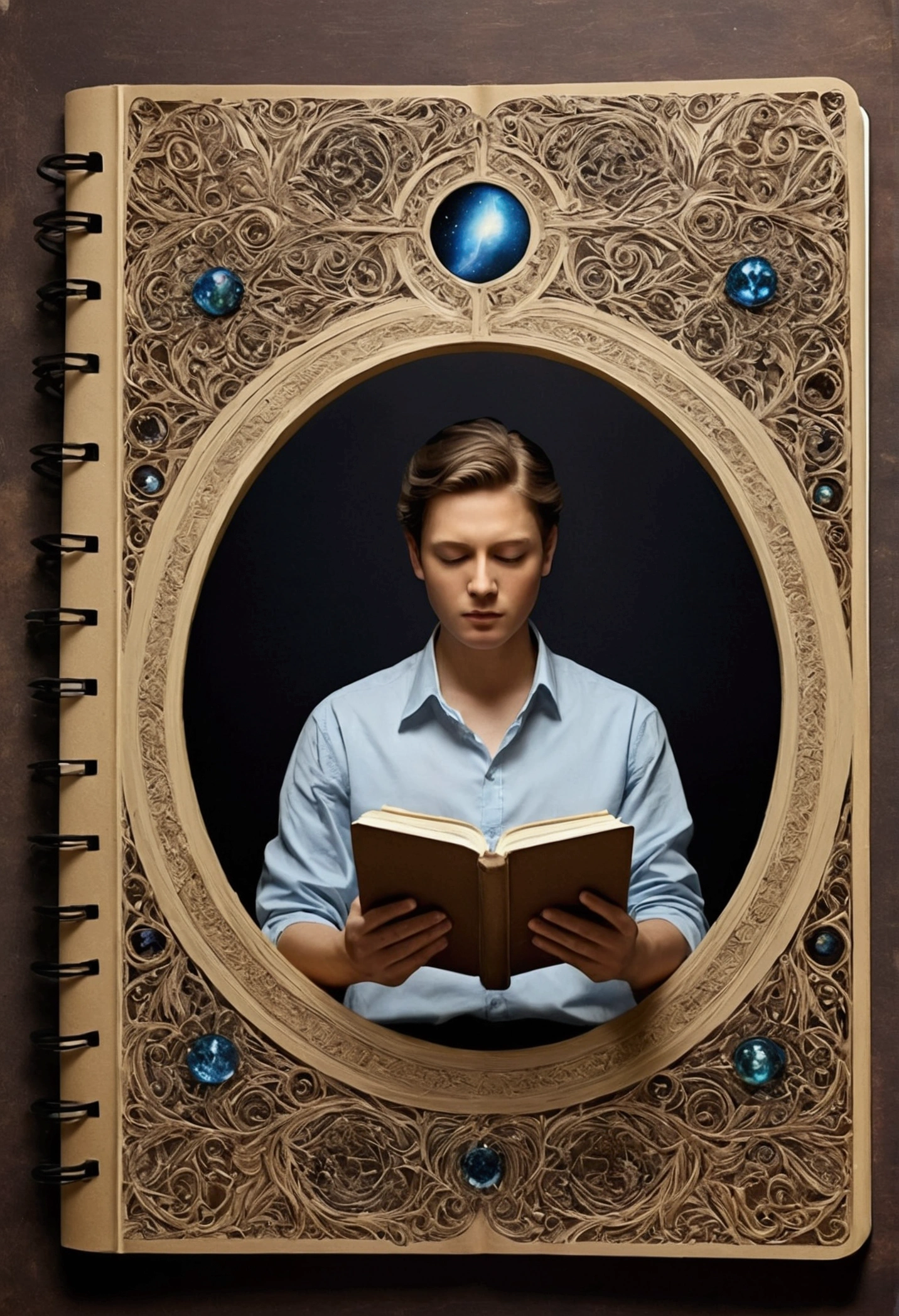 Paint a picture that portrays the idea of accessing all memories with notebooks, where these notebooks appear as magical portals of memories. The person in the scene appears calm and at peace, highlighting the idea of how to remember everything without taking up personal memory. The scene should be enchanting and intriguing, with fantasy elements that symbolize the ease of accessing memories.