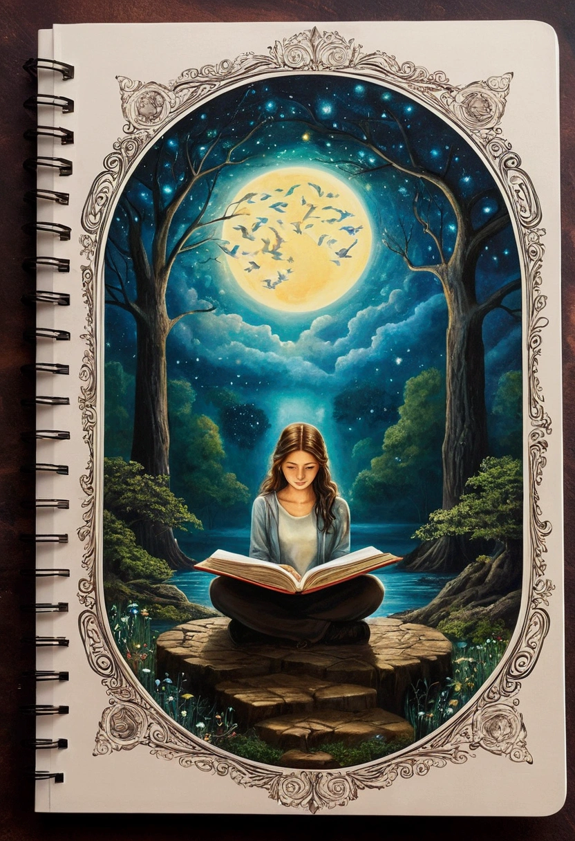Paint a picture that portrays the idea of accessing all memories with notebooks, where these notebooks appear as magical portals of memories. The person in the scene appears calm and at peace, highlighting the idea of how to remember everything without taking up personal memory. The scene should be enchanting and intriguing, with fantasy elements that symbolize the ease of accessing memories.