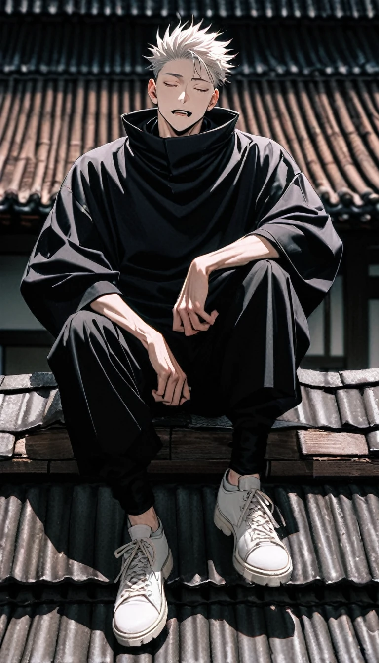 photo of the male character of an anaime named "toge inumaki" in the film "jujutsu kaisen" white hair, small black curved lines on both sides of the mouth, jujutsu kaisen clothes with a long collar closed to the mouth, and black trousers, white shoes, medium sitting on roof tiles with a rustic feel.