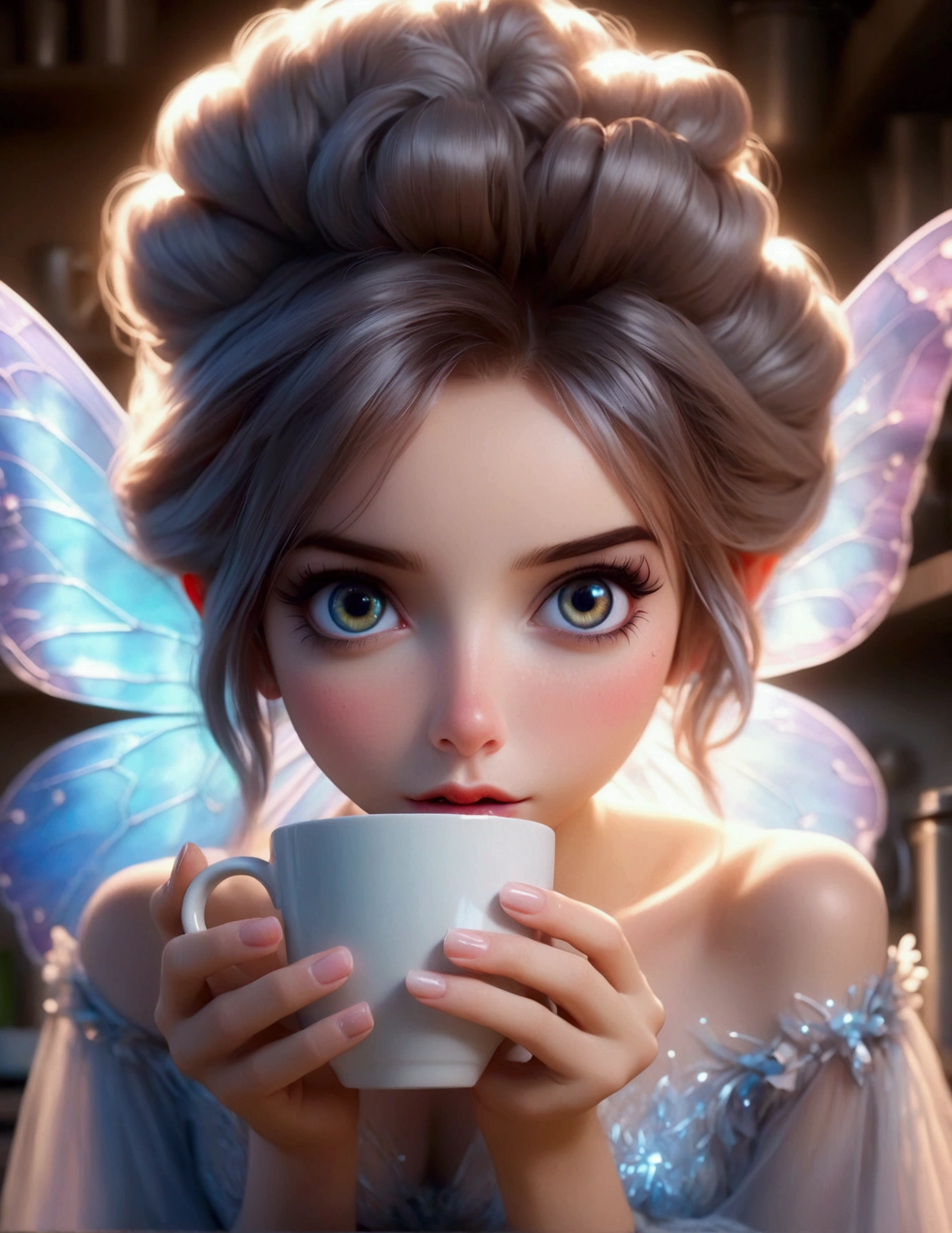 a cute fairy, crystalline butterfly wings, prismatic hair, large eyes, spider silk gown, in the kitchen, taking a sip of coffee from a steaming hot cup, mischief, detailed eyes, detailed lips, extremely detailed face, long eyelashes, photo-realistic, 8k, hyperrealistic, chiaroscuro lighting, vibrant colors, cinematic lighting, mystical, ethereal, fantasy