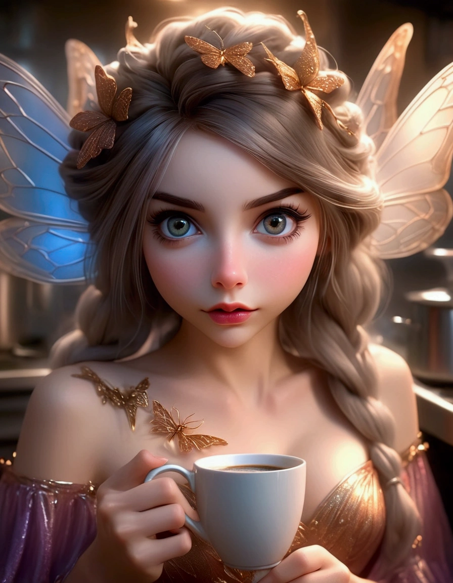 a cute fairy, crystalline butterfly wings, prismatic hair, large eyes, spider silk gown, in the kitchen, taking a sip of coffee from a steaming hot cup, mischief, detailed eyes, detailed lips, extremely detailed face, long eyelashes, photo-realistic, 8k, hyperrealistic, chiaroscuro lighting, vibrant colors, cinematic lighting, mystical, ethereal, fantasy