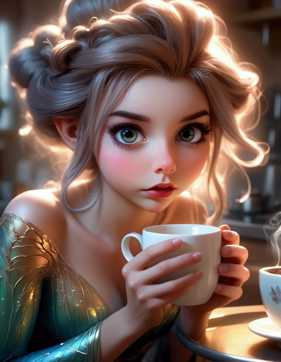 a cute fairy, crystalline butterfly wings, prismatic hair, large eyes, spider silk gown, in the kitchen, taking a sip of coffee from a steaming hot cup, mischief, detailed eyes, detailed lips, extremely detailed face, long eyelashes, photo-realistic, 8k, hyperrealistic, chiaroscuro lighting, vibrant colors, cinematic lighting, mystical, ethereal, fantasy