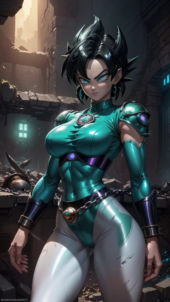 (Best Quality, high resolution, Ultra - detailed, actual), Kefla [Dragon Ball Super), green hair, black crop top, (shiny white tights/shackles:1.4), (Cyberpunk ruined dungeon ruins background :1.4 ), More detailed 8K, unreal engine:1.4, UHD, Best Quality:1.4, photorealistic:1.4, skin texture:1.4, masterpiece:1.8, first work, Best Quality, object object], (detailed face features:1.3), (The correct proportions), (Beautiful blue eyes), (dynamic cowboy pose), (Kefla Dragon Ball Super:1.4), (Perfect anatomy :1.4), ( cinematic lighting :1.4), (face detailed:1.4 ), (Face details: 1.5, bright blue eyes, beautiful face, pretty eyes, Iris contour, thin lips: 1.5, Thin, sharp pale eyebrows, Long, dark eyelashes, double tabs).