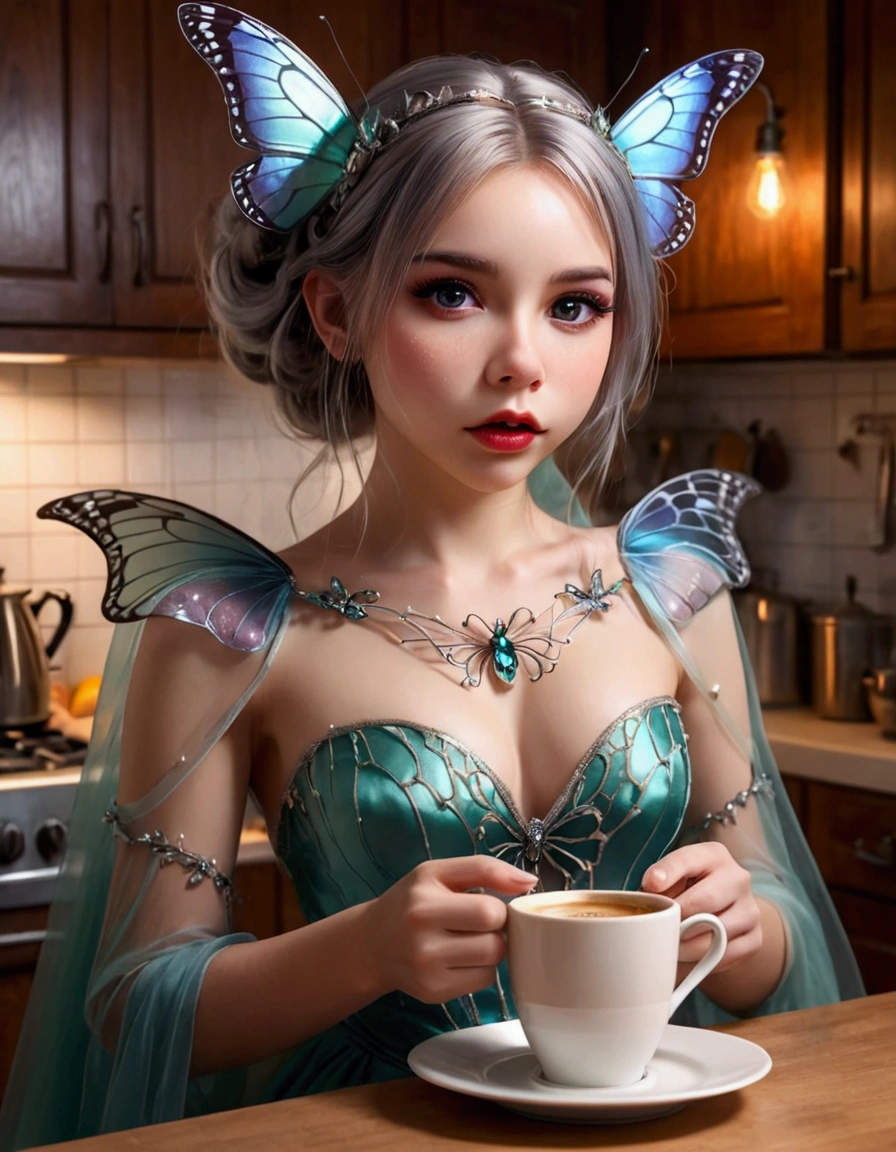 a cute fairy, crystalline butterfly wings, prismatic hair, large eyes, spider silk gown, in the kitchen, taking a sip of coffee from a steaming hot cup, mischief, detailed eyes, detailed lips, extremely detailed face, long eyelashes, photo-realistic, 8k, hyperrealistic, chiaroscuro lighting, vibrant colors, cinematic lighting, mystical, ethereal, fantasy
