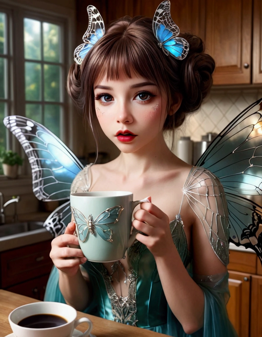 a cute fairy, crystalline butterfly wings, prismatic hair, large eyes, spider silk gown, in the kitchen, taking a sip of coffee from a steaming hot cup, mischief, detailed eyes, detailed lips, extremely detailed face, long eyelashes, photo-realistic, 8k, hyperrealistic, chiaroscuro lighting, vibrant colors, cinematic lighting, mystical, ethereal, fantasy
