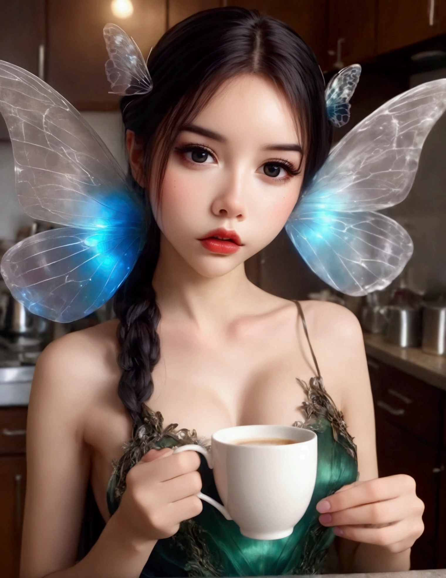 a cute fairy, crystalline butterfly wings, prismatic hair, large eyes, spider silk gown, in the kitchen, taking a sip of coffee from a steaming hot cup, mischief, detailed eyes, detailed lips, extremely detailed face, long eyelashes, photo-realistic, 8k, hyperrealistic, chiaroscuro lighting, vibrant colors, cinematic lighting, mystical, ethereal, fantasy
