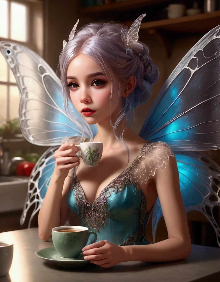 a cute fairy, crystalline butterfly wings, prismatic hair, large eyes, spider silk gown, in the kitchen, taking a sip of coffee from a steaming hot cup, mischief, detailed eyes, detailed lips, extremely detailed face, long eyelashes, photo-realistic, 8k, hyperrealistic, chiaroscuro lighting, vibrant colors, cinematic lighting, mystical, ethereal, fantasy