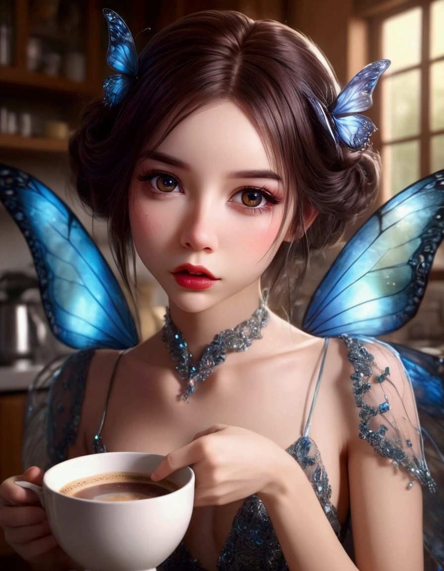 a cute fairy, crystalline butterfly wings, prismatic hair, large eyes, spider silk gown, in the kitchen, taking a sip of coffee from a steaming hot cup, mischief, detailed eyes, detailed lips, extremely detailed face, long eyelashes, photo-realistic, 8k, hyperrealistic, chiaroscuro lighting, vibrant colors, cinematic lighting, mystical, ethereal, fantasy
